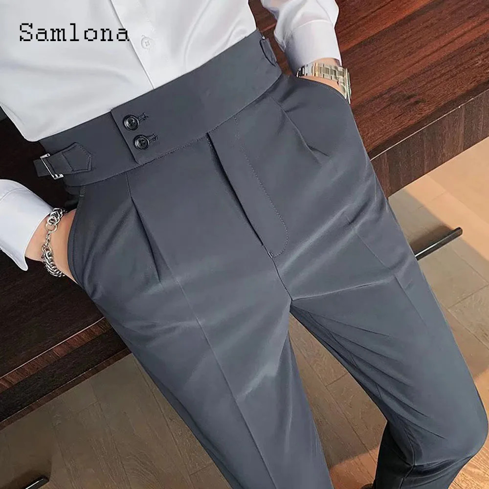 Mens standing pocket elegant formal suit pants pure white party dress Italian Naples fashion button 241010