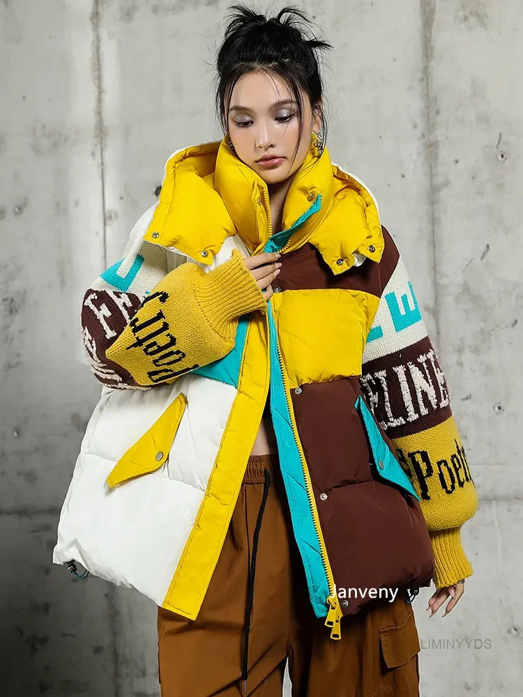 Fashion Street Clothing Letter Splicing Inflatable Jacket Womens Loose Park Winter Thick 90% Duck Down Coat 241010
