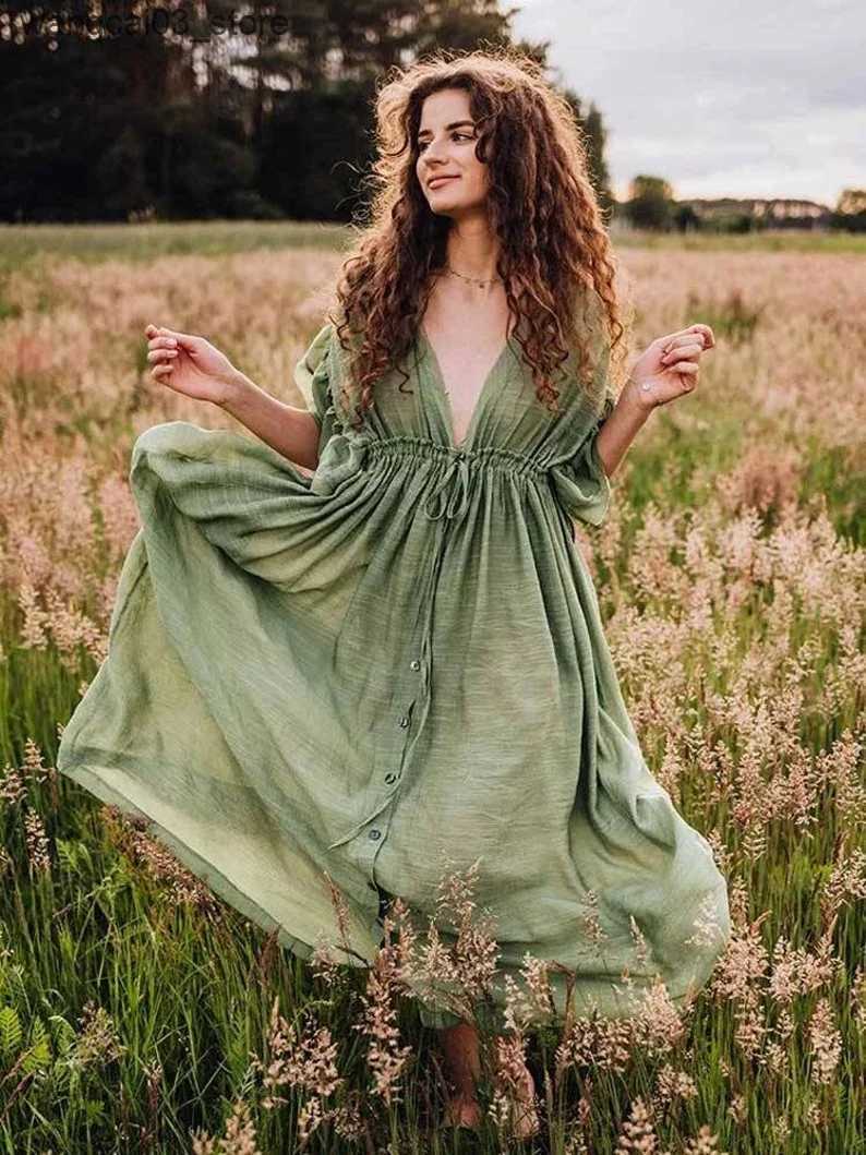 Maternity Dresses Boho Maternity Photography Props Dresses Button Decoration Pregnancy Photo Shoot Bohemian Baby Shower Long Dress Front Slit L240910