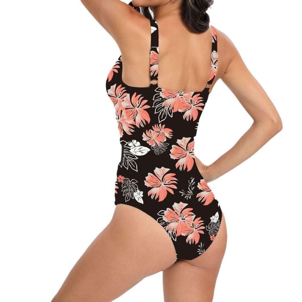 2024 New Printed One Piece Mesh Spliced Bikini Open Back Hollow Sexy Swimwear