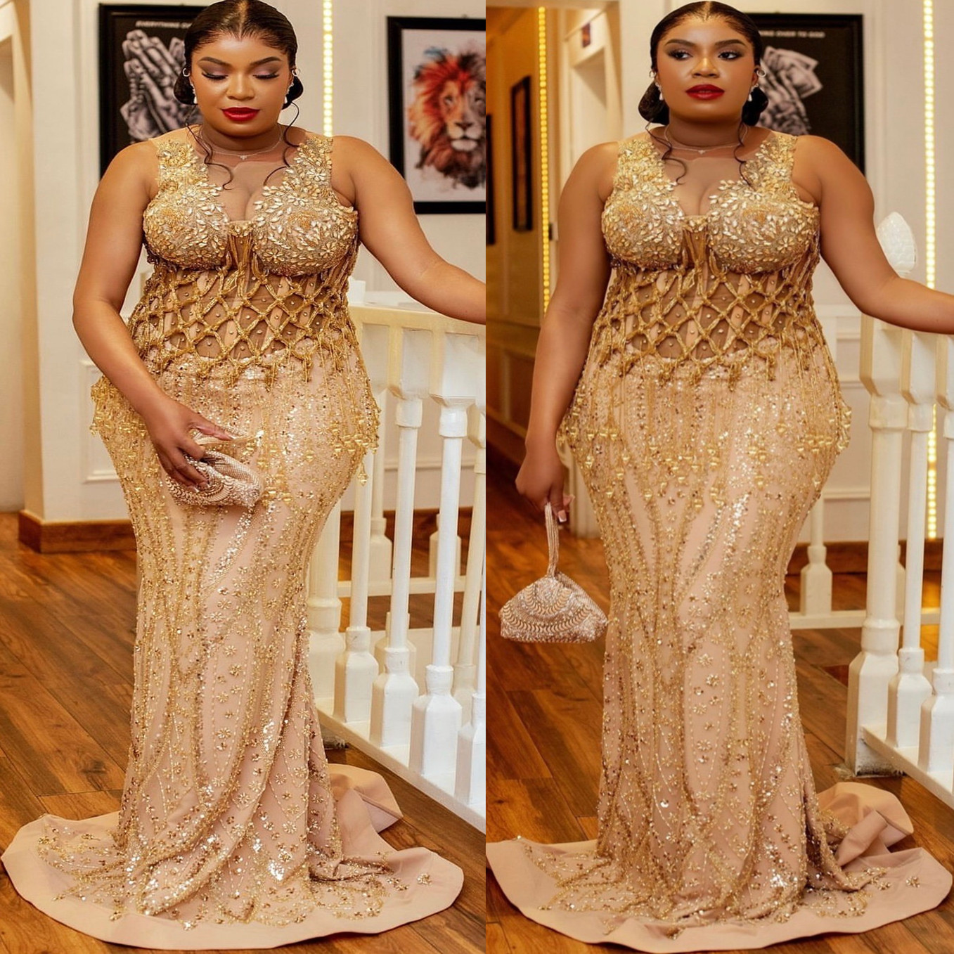 Ebi Aso Gold Illusion Prom Dresses Rhies Lace Urious Evening Formal Sheer Neck Party Second Reception Birthday Gowns Dress For Special Ocns