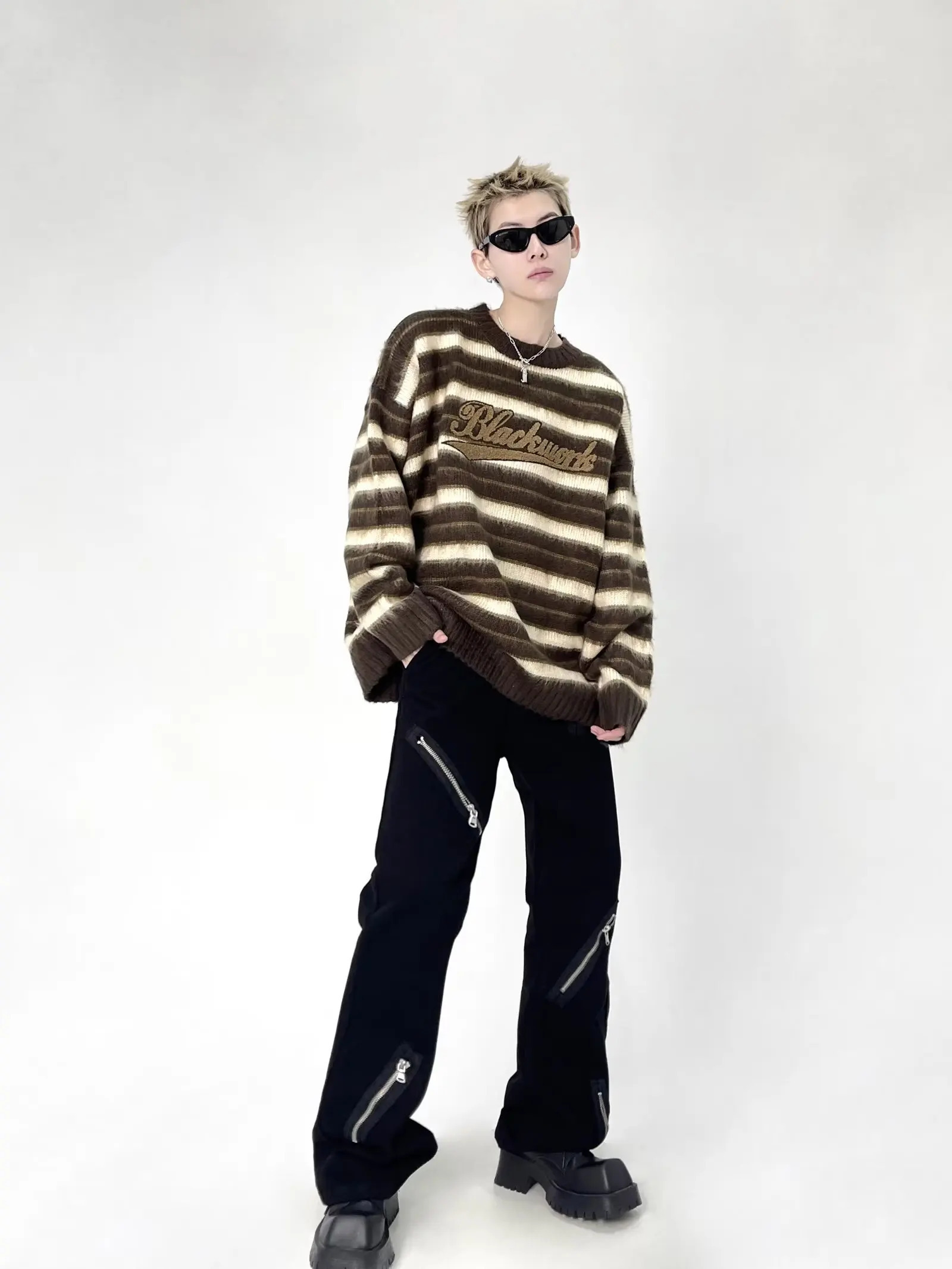 US striped round neck loose mens sweater strapless knit couple jacket Korean style sweater 241007