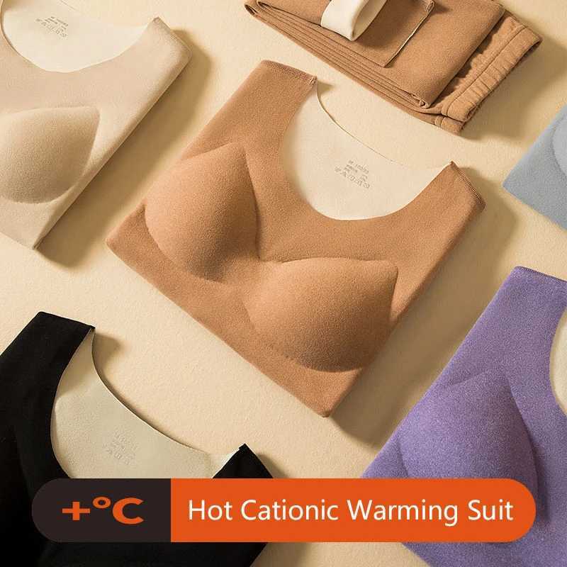 Womens Thermal Underwear Autumn Winter New Thermal Underwear Set Woman Seamless Warm Suit With Chest Pad Top Warm Pants Doublesided Heating Lingerie S