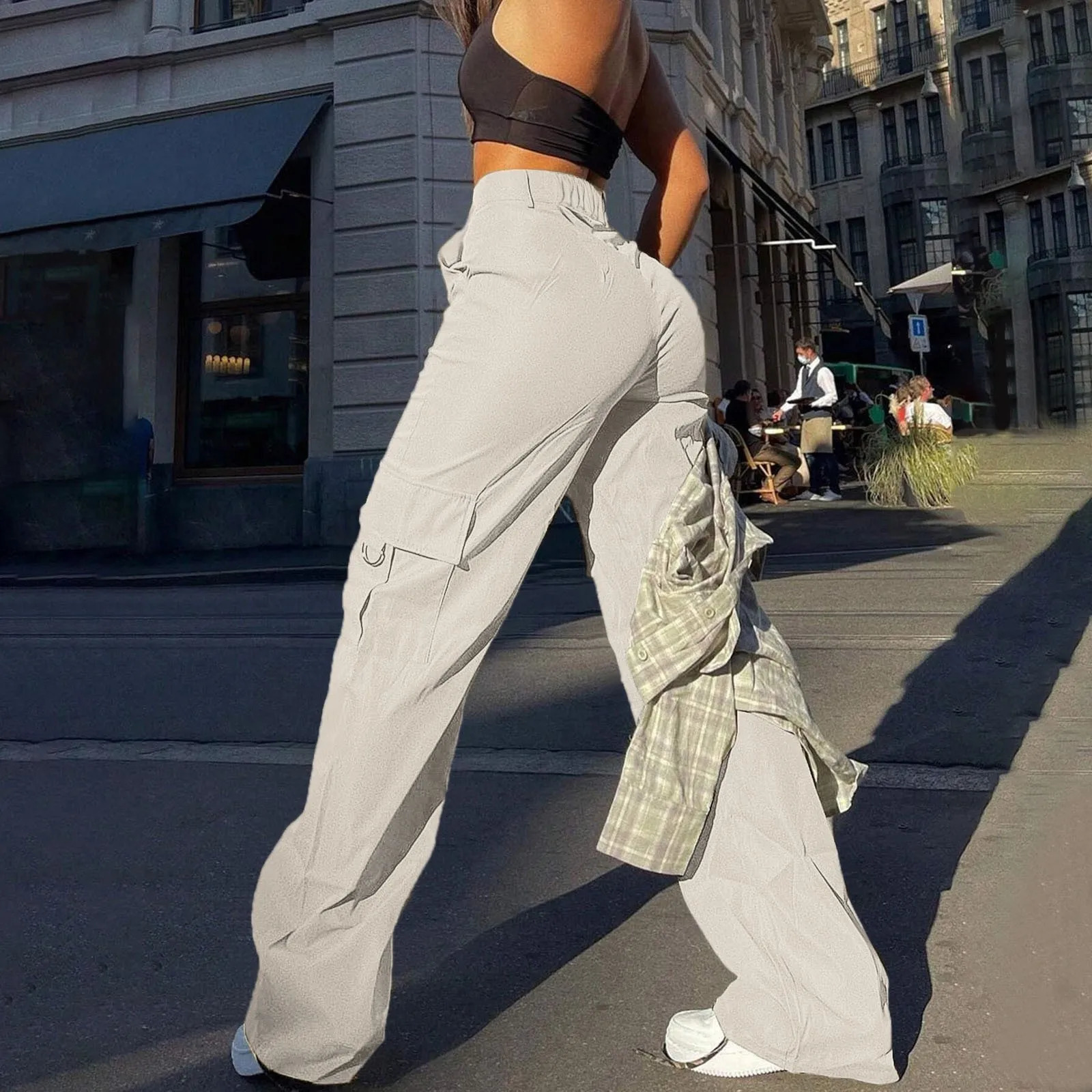 Streetwear Basic Buckle Cargo Pants Women Parachute Trousers Solid Straight Leg Big Pockets Baggy All-Match Y2K Sweatpants Chic 241011