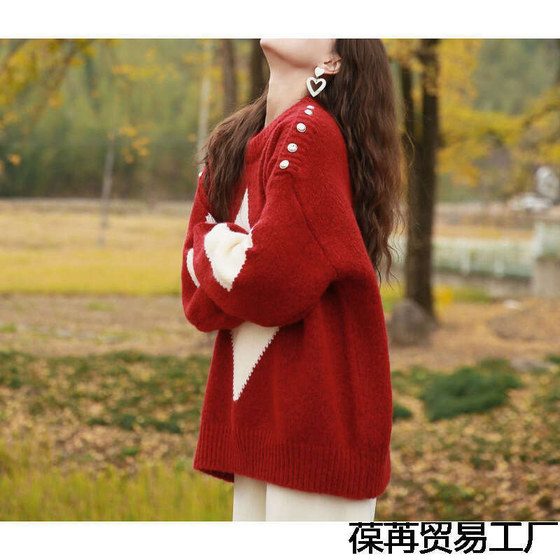 Lazy style Christmas red loose pullover for women, 2024 autumn and winter new style, stylish outerwear sweater top, BR