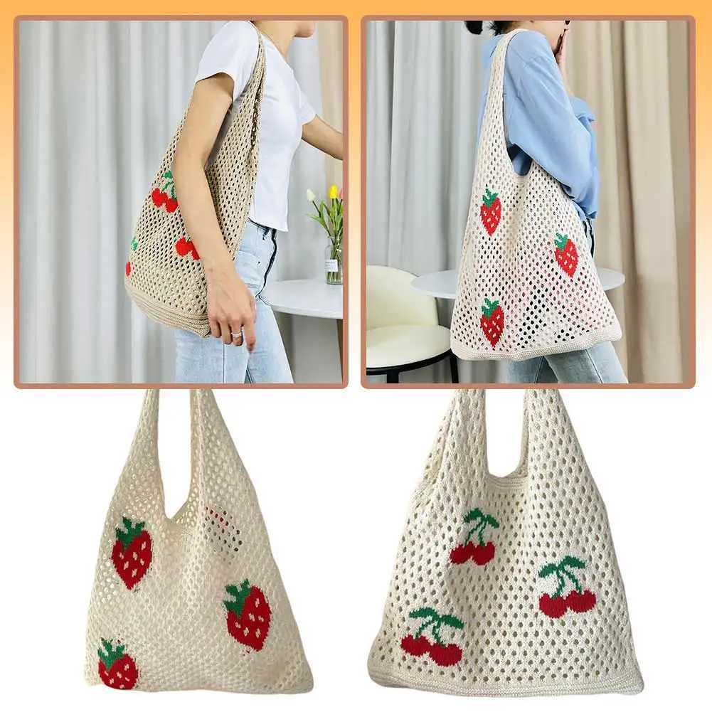 Womens Fashion Strawberry Cherry Pattern Crochet Handbag Large Capacity Shoulder Bag Casual Handbag Cute Fashion Bag Knitted Bag Y241011