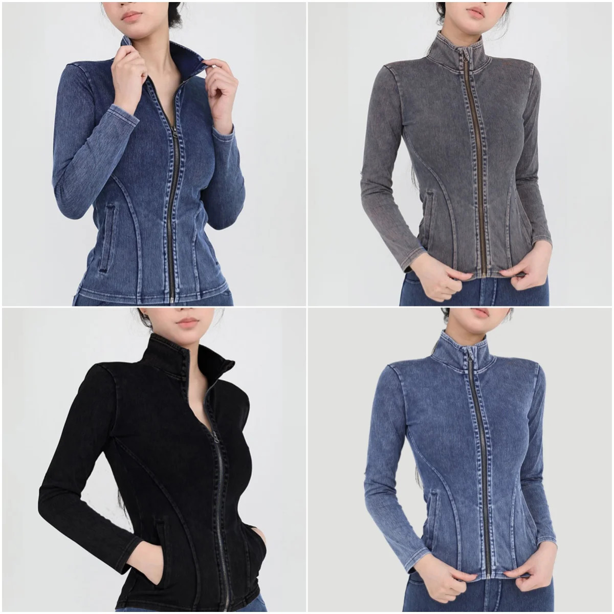 Womens yoga jacket elastic denim fitness sports and leisure full zipper gym top slim fit long sleeved womens sportswear 241010