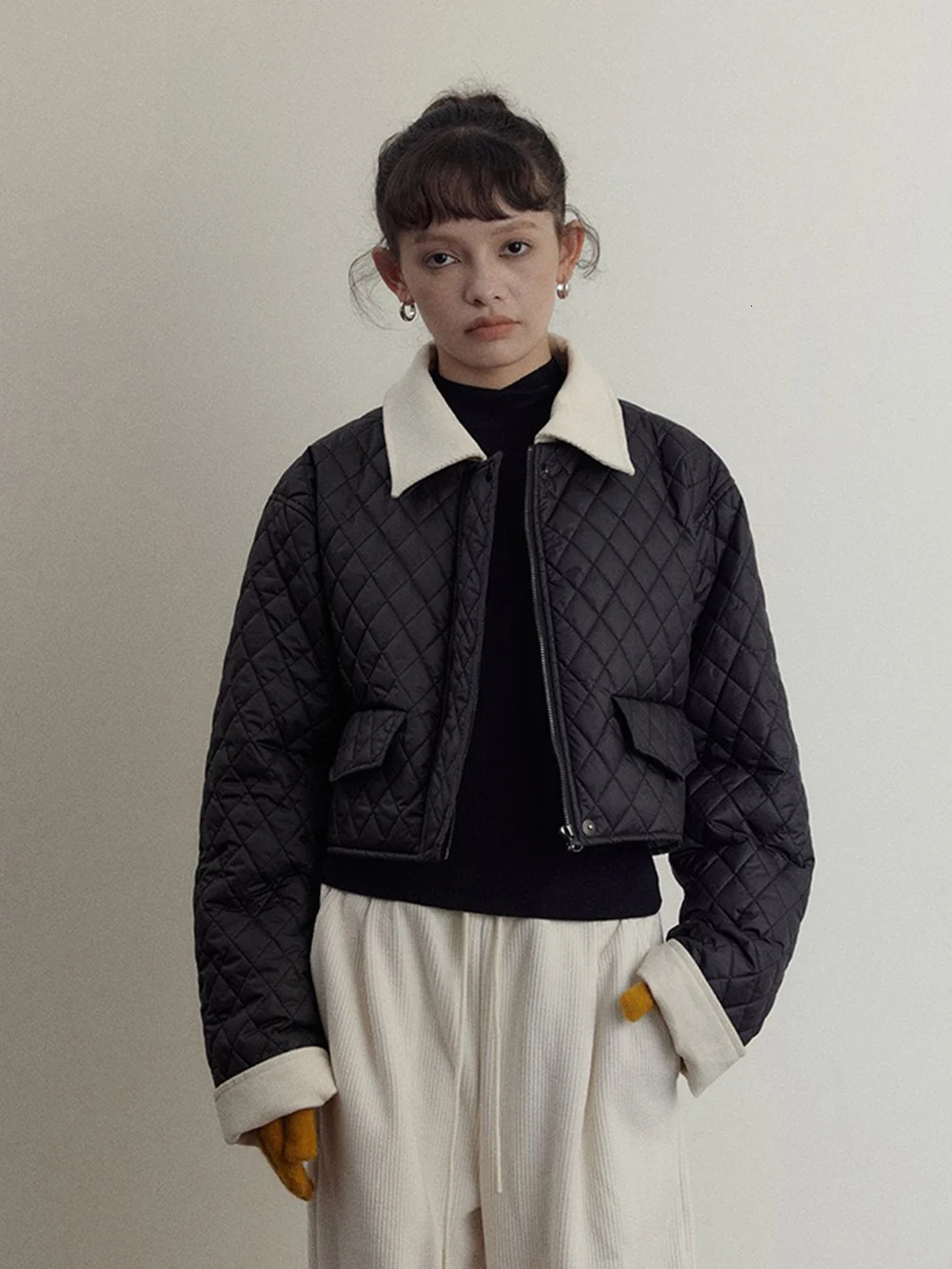 Women Lapel Short Cotton Jacket Corduroy Collar Contrast Color Plaid Quilted Lady LongSleeve SingleBreasted Autumn 240930