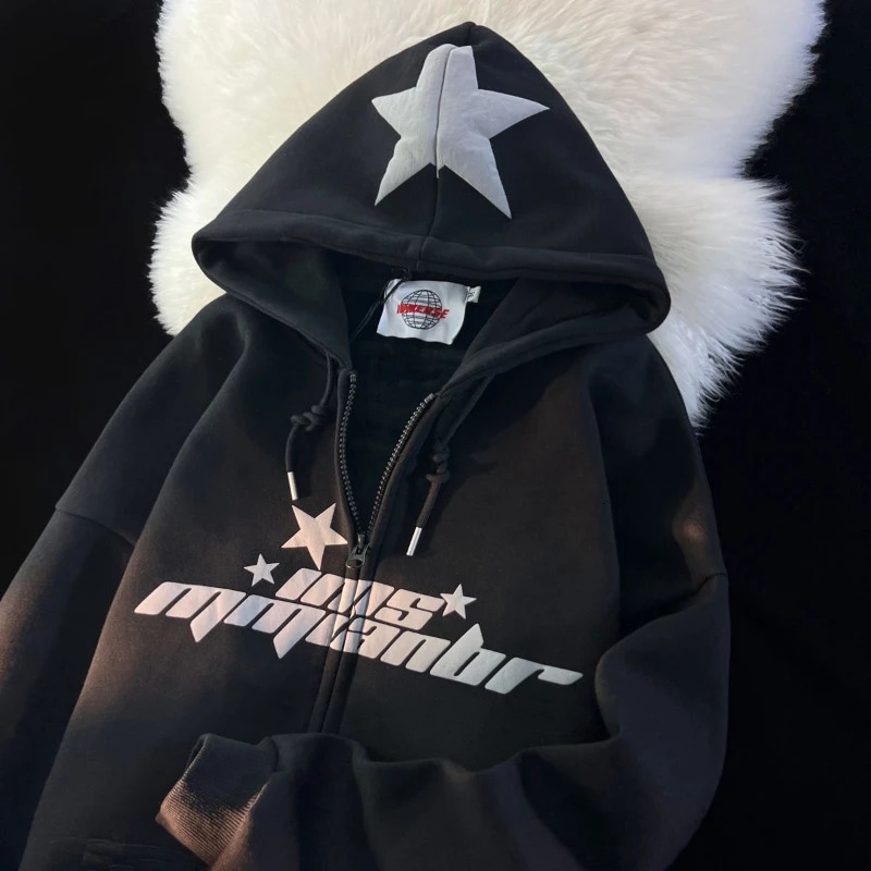 Womens Y2K Star Printed Hoodie Street Hip Hop Zipper Sweatshirt Couple Loose Cashmere Cardigan Unisex Hoodie Jacket Womens 241011