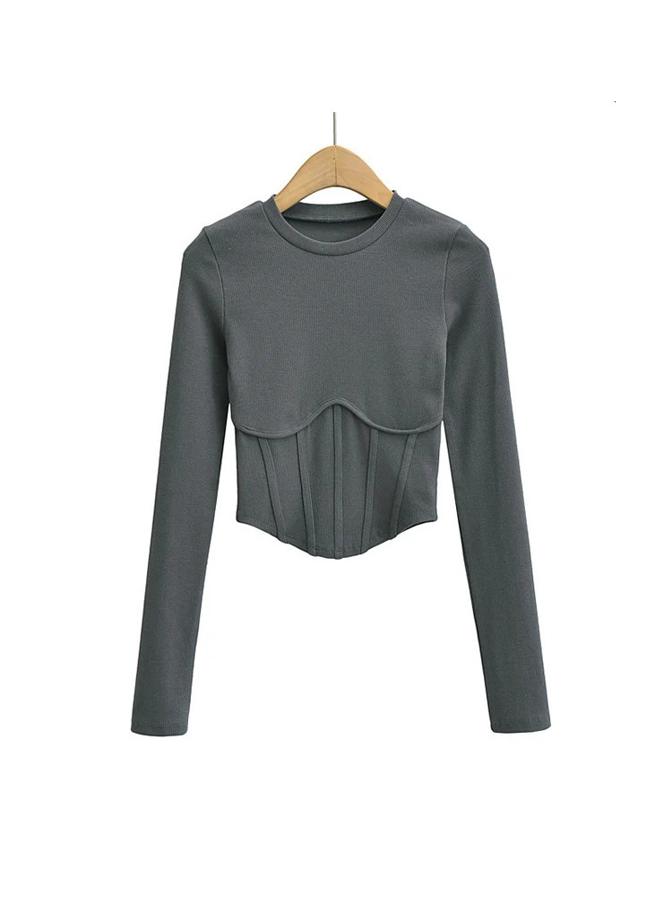 Vintage y2k streetwear white crop tops women long sleeve tees sexy o neck cropped t shirt bright line black cute ribbed 241011