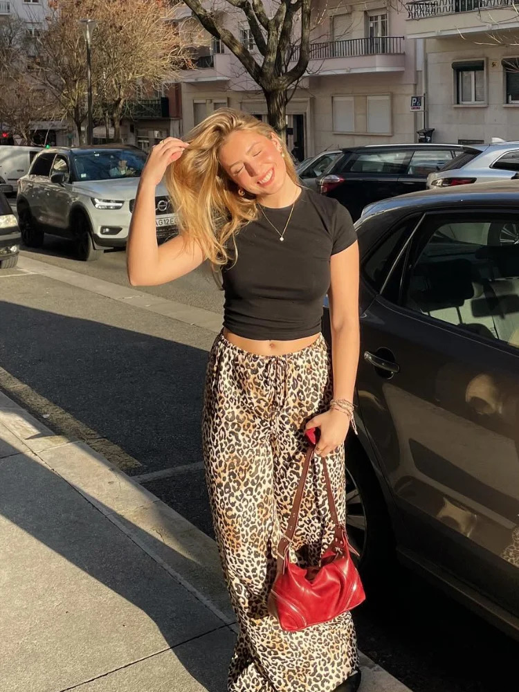 Vintage Leopard Women Pants Casual Lace Up Wide Leg High Waist Loose All-match Trouser 2024 Summer Fashion Lady Y2k Streetwear 241011