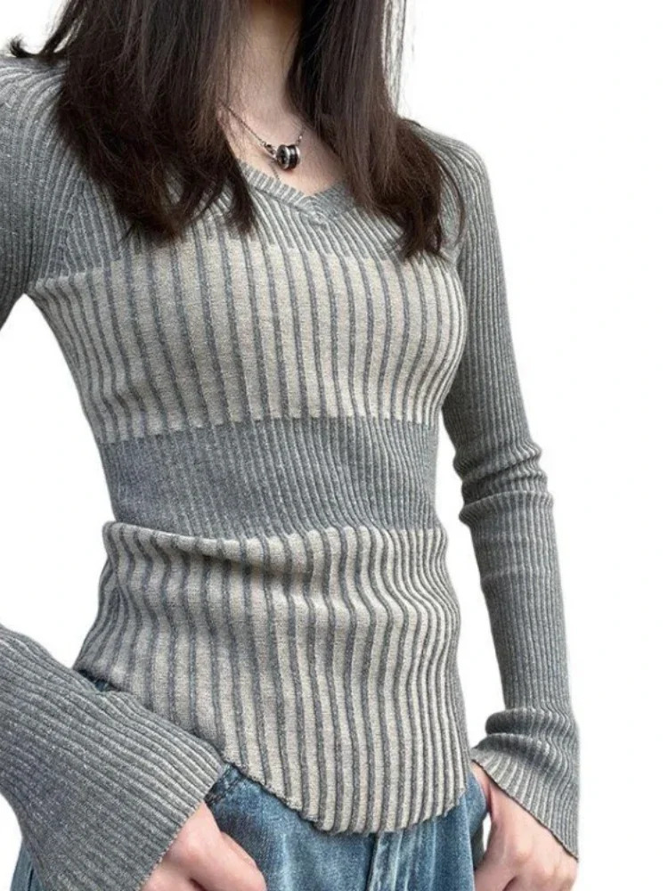 Vintage Elegant Striped V Neck Sweaters Fashion Slim Women Knitted Y2k Aesthetic Pullovers Korean All Match Grunge Sueter Mujer 241011