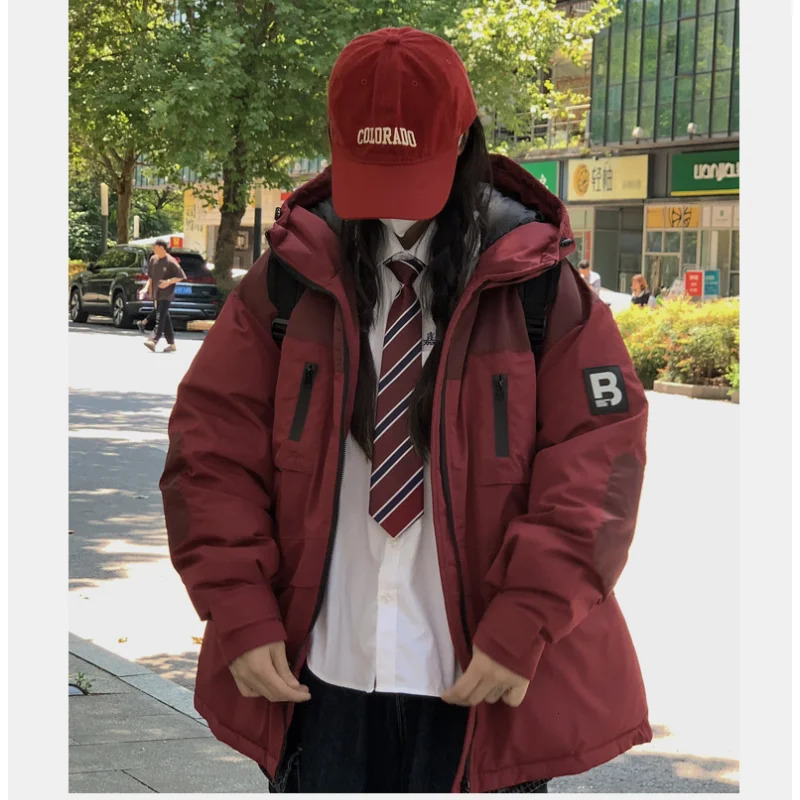 Womens down jacket black winter Korean fashion Y2K style stand up collar chic warm red womens jacket cotton jacket 241009