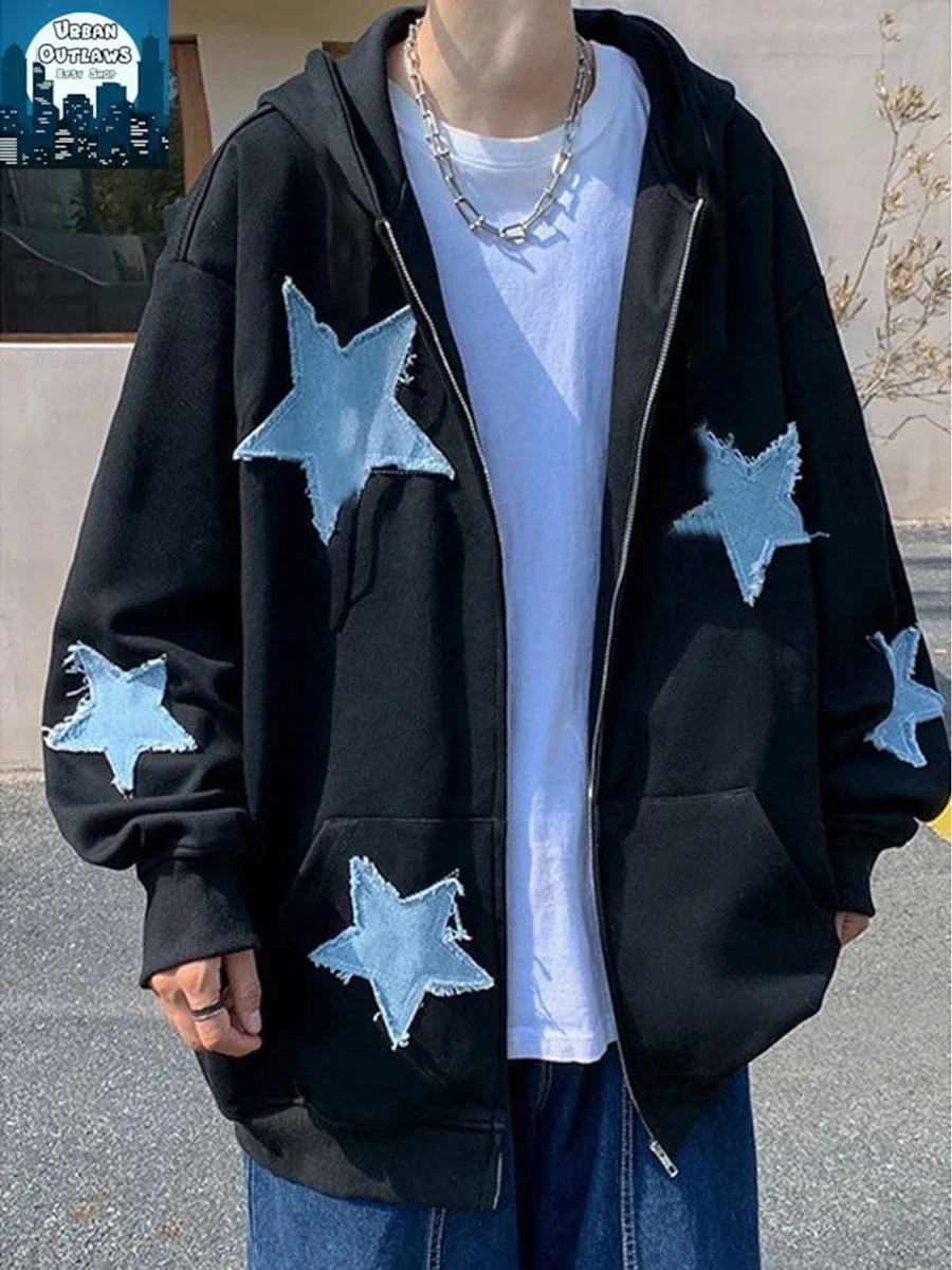 Womens Zipper Hoodie Star Pattern Casual Long Sleeve Sports Jacket with Pocket Suitable for Autumn Street Wear 241010