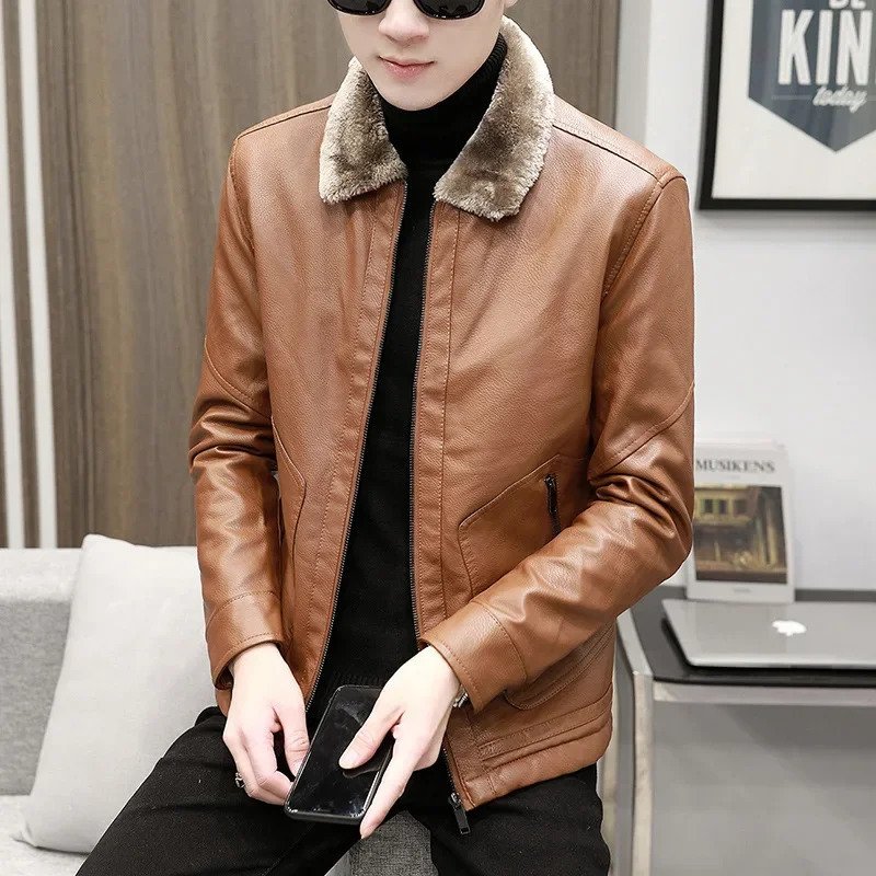 Mens artificial fur plush leather jacket mens thick wool Pu leather jacket mens casual ultra-thin windproof jacket winter velvet warm 240927