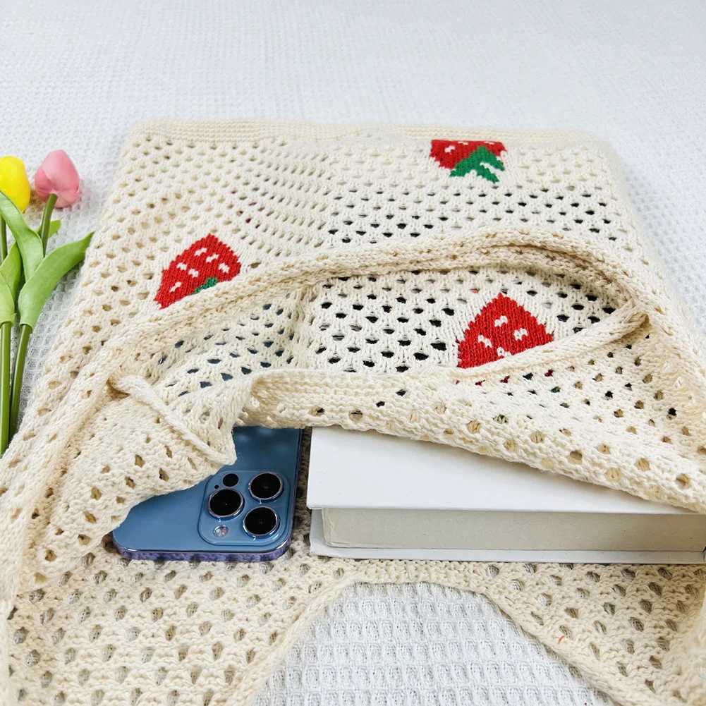 Womens Fashion Strawberry Cherry Pattern Crochet Handbag Large Capacity Shoulder Bag Casual Handbag Cute Fashion Bag Knitted Bag Y241011