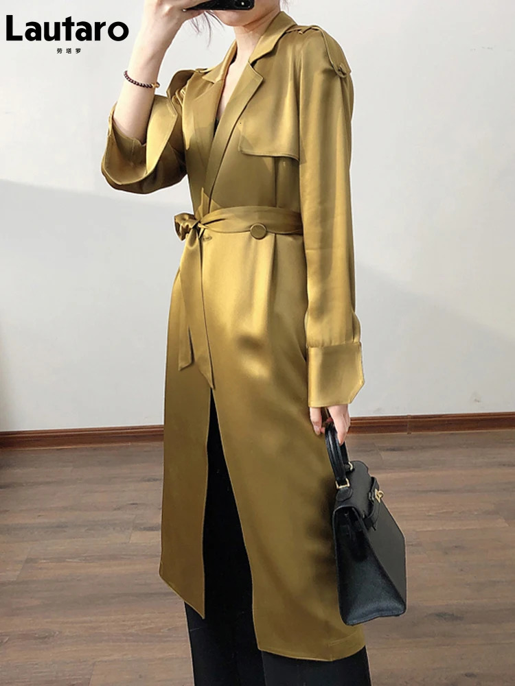 Lautaro Spring Autumn Long Soft Elegant Flowy Satin Acetate Trench Coat for Women High Quality Chic British Fashion 241008