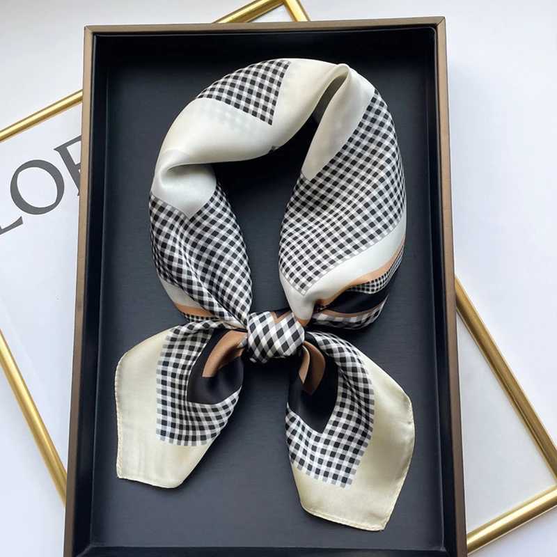 Bandanas Durag 1 piece of 70cm checkered geometric pattern womens silk scarf imitating silk simple version headwear clothing square scarf J241010