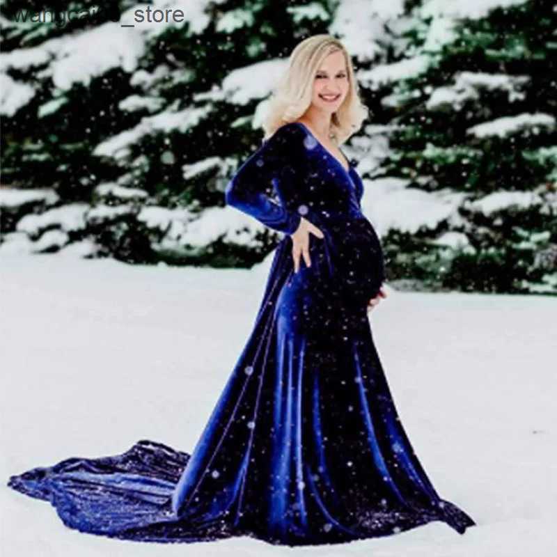 Maternity Dresses Velvet Maternity Dress Women Winter Long Sleeve Shoulderless Pregnant Ladies Robe Premama Photo Shoot Maxi Party Evening Dresses L24