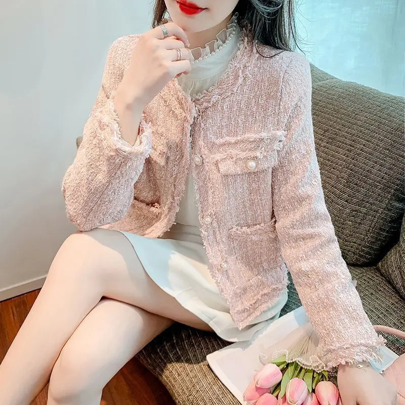 Womens clothing round neck long sleeved wool coat single breasted tweed jacket Korean fashion crop top spring and autumn coat 240930