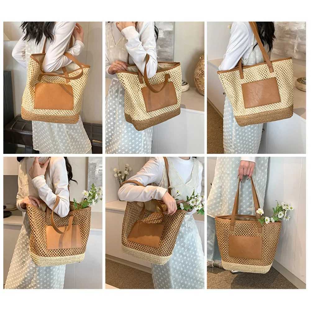 Womens crochet beach handbag PU patch work woven travel bag contrast color simple shoulder bag womens summer bag Y241011