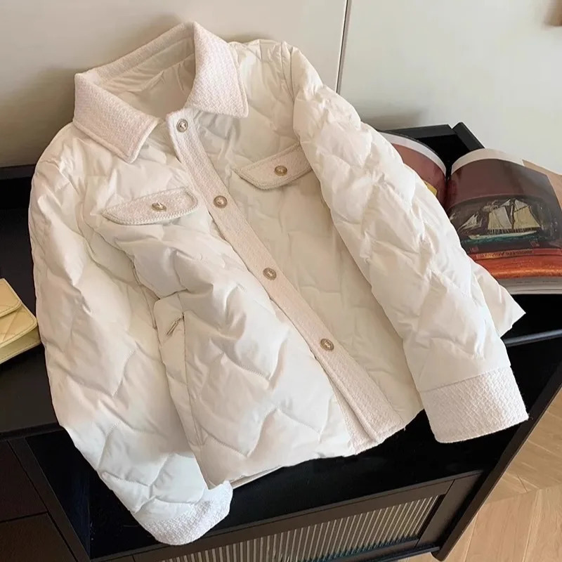 2024 Autumn Winter Parkas Coat Womens Cotton Jacket Short Vintage Rhombic Elegant Warm Longsleeved Female Clothing 240930