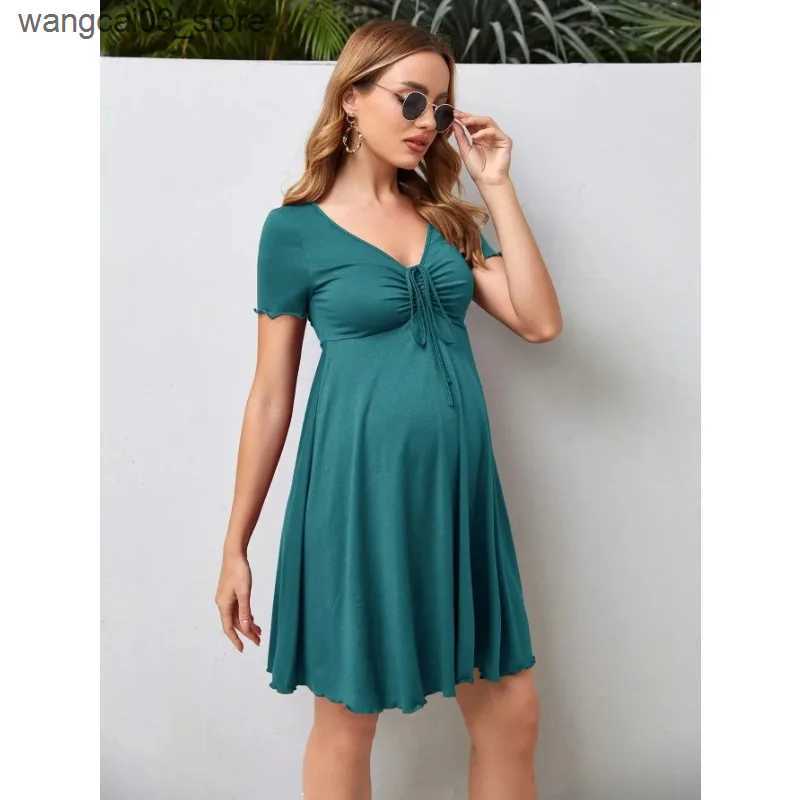Maternity Dresses Maternity Clothes Solid Drawstring Dress Skirt Summer Casual Pregnant Women Short Sleeve V-Neck Dress Vestido Pregnancy Clothing L24