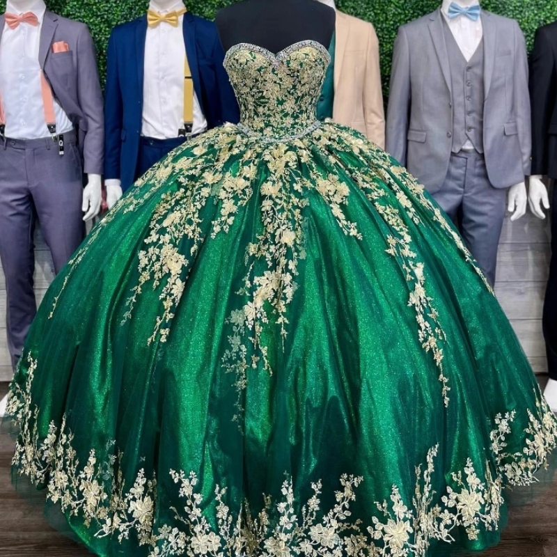 Emerald Green Ball Gown Quinceanera Dresses Sweet 16 Dress Off the Shoulder Gold Appliques Lace Beads Corset Birthday Party Vestidos De 15 Anos