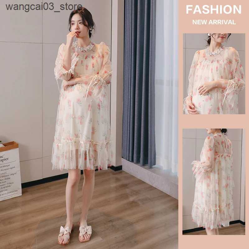 Maternity Dresses Summer Fashion Maternity Mesh Dress Elegant Long Flare Sleeve Beaded Drawstring Collar Pregnant Woman Fishtail Dress Mini Dress L240