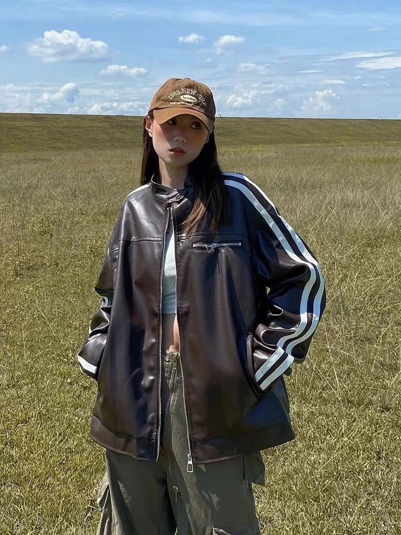 Y2K American geometric pink leather jacket for womens street retro fashion sweet and cool motorcycle style PU leather jacket 241011