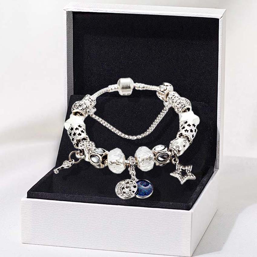 Moon & Blue Sky Charm Bracelet Crystal Diamond Jewelry 925 Sterling Silver plated Bead Charms Bracelet Set for Women Girls Party Gift with Luxurious Box wholesale
