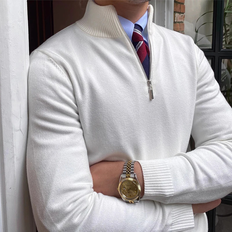 Classic mens knitted jumper top solid color long sleeved zipper collar sweater autumn fashion knitted floral mens sweater 241007