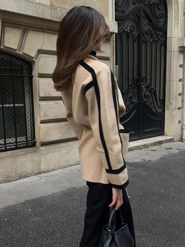 Spliced Contrast Woolen Coat Women Long Sleeve Thicken Jacket with Belt Pockets 2024 Autumn Casual Ladies Outwear 240919