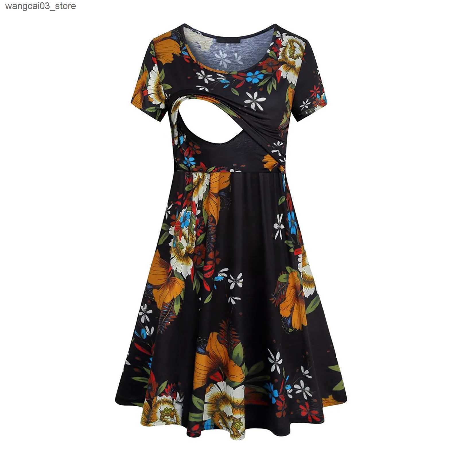 Maternity Dresses New Maternity Dresses Pregnant Women Nursing Dress Breastfeeding Floral Print Short Sleeve Maxi Dress Lactation Clothes L240910
