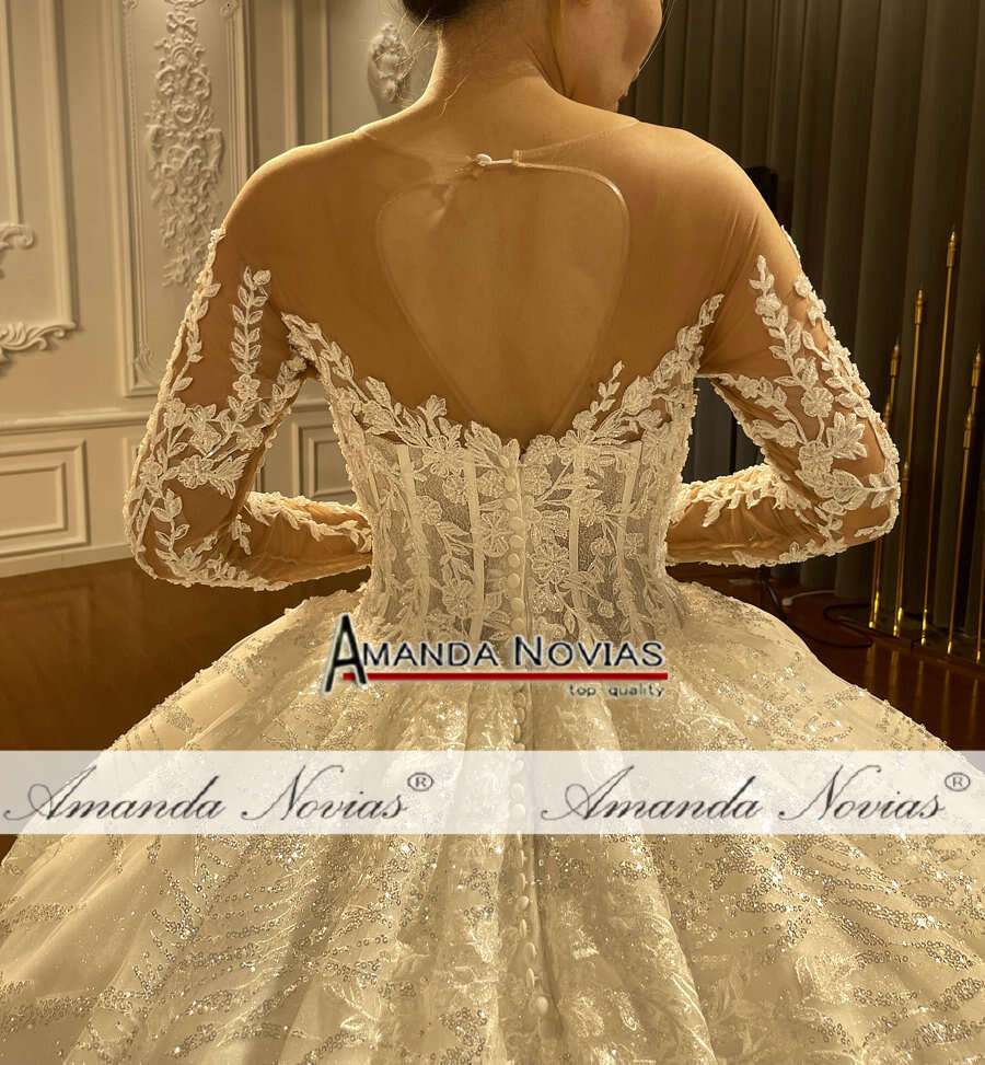 Long Sleeve Off White Ball Gown Lace Wedding Dress
