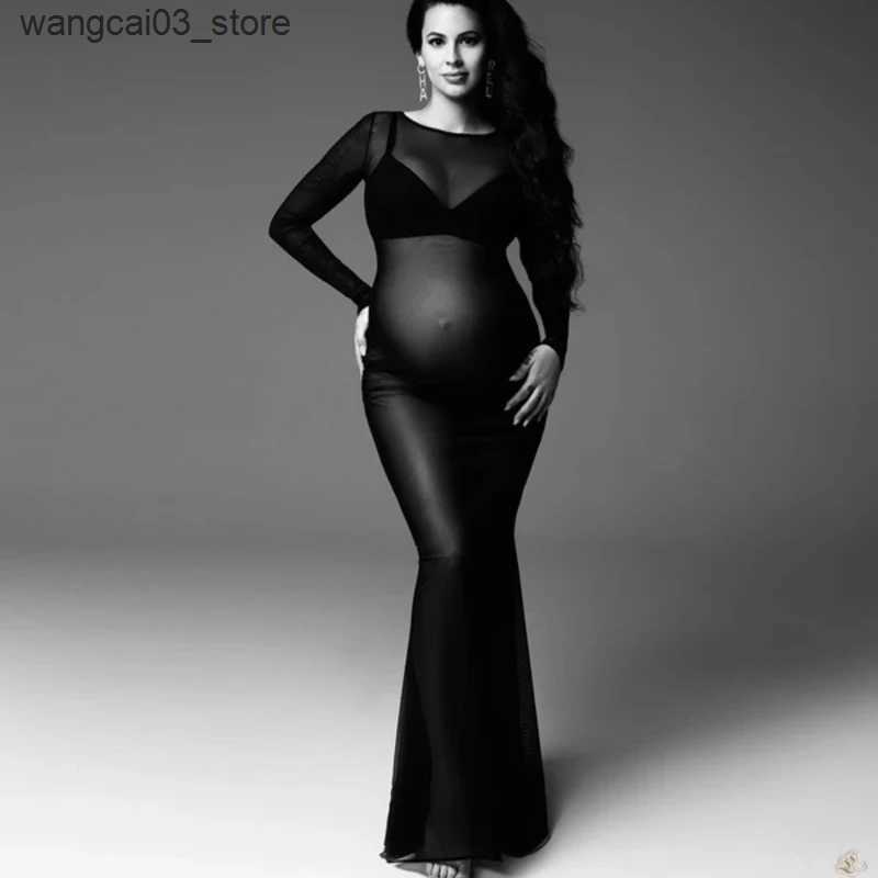 Maternity Dresses Tulle Bodysuit Pregnancy Dress Mesh Fabric Long Sleeve Stretch Women Maternity Outfit Slim Fit Style Skirt For Photo Shoot L240910