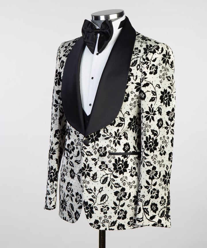 Black Floral Pattern Mens Wedding Tuxedos Shawl Lapel Tailored Pants Suits Birthday Party Prom Groom Wear 2 Pieces Jacket Vest