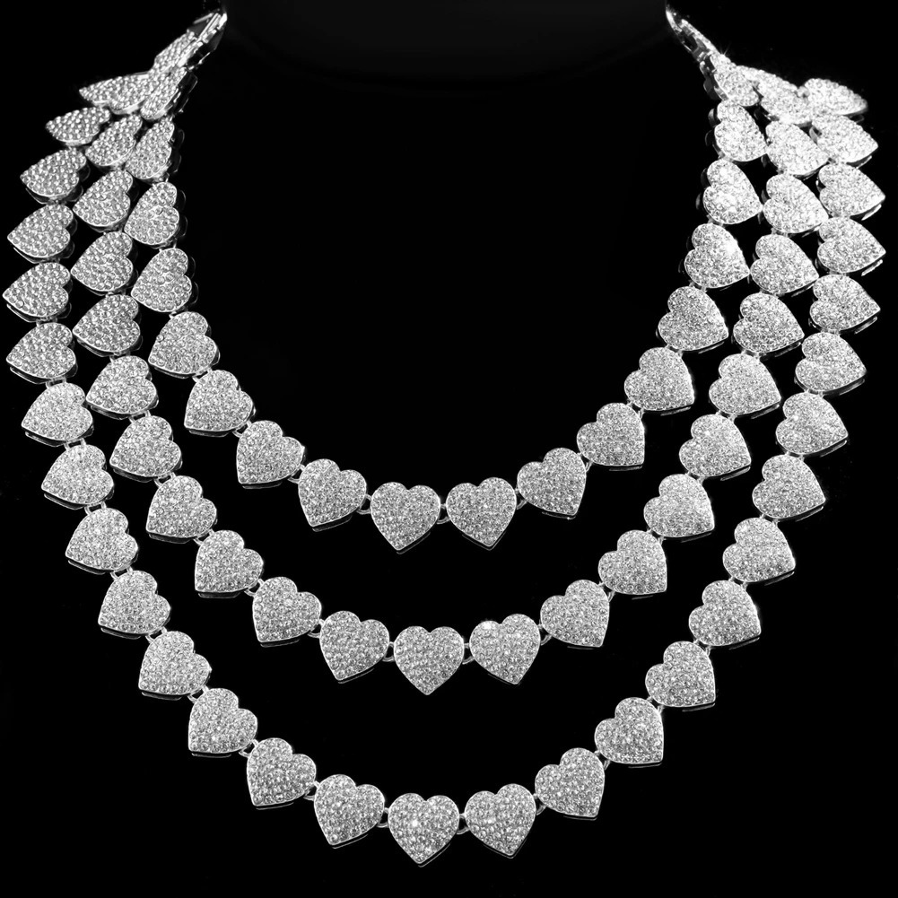 Iced Out Hip Hop Heart Cuban Link Chain Womens Micro Water Dia Paving Necklace Set Fashion Jewelry High Quality 240927