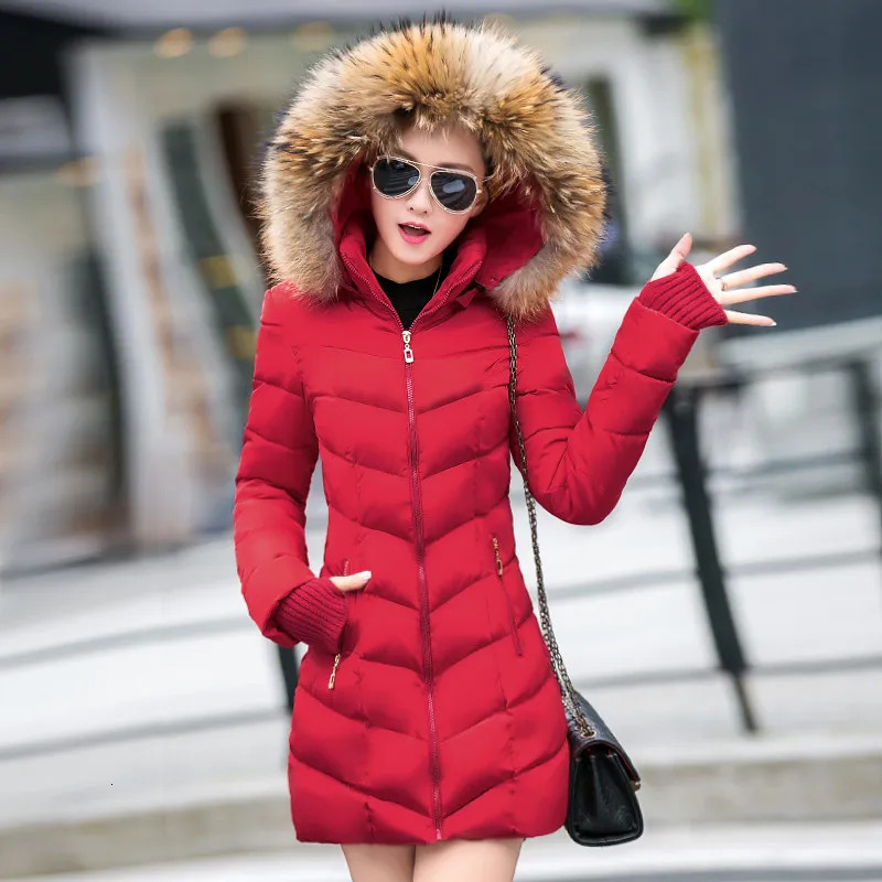Fashionable winter jacket for women with a large fur belt hood and thick lower park Xlong womens ultrathin warm item 241010