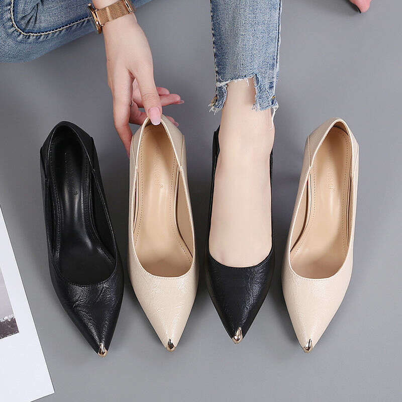Women shoes black bottom heels genuine leather high slim heels new versatile pointed comfortable single shoes women's work shoes