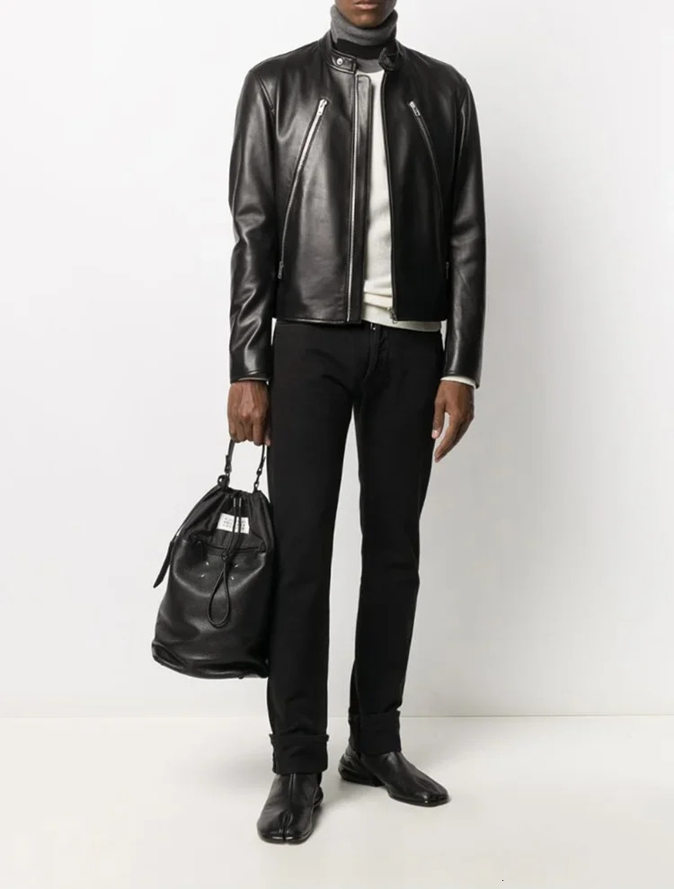 Mens leather jacket short sleeved stand up collar Haining sheepskin jacket autumn and winter leather jacket 241011