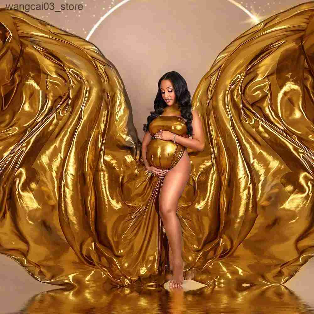 Maternity Dresses Golden Maternity Photography Props Wrap Cloth Dress Background For Photoshoot Of Pregnant Women Silver Shiny Stretch Fabric L240910
