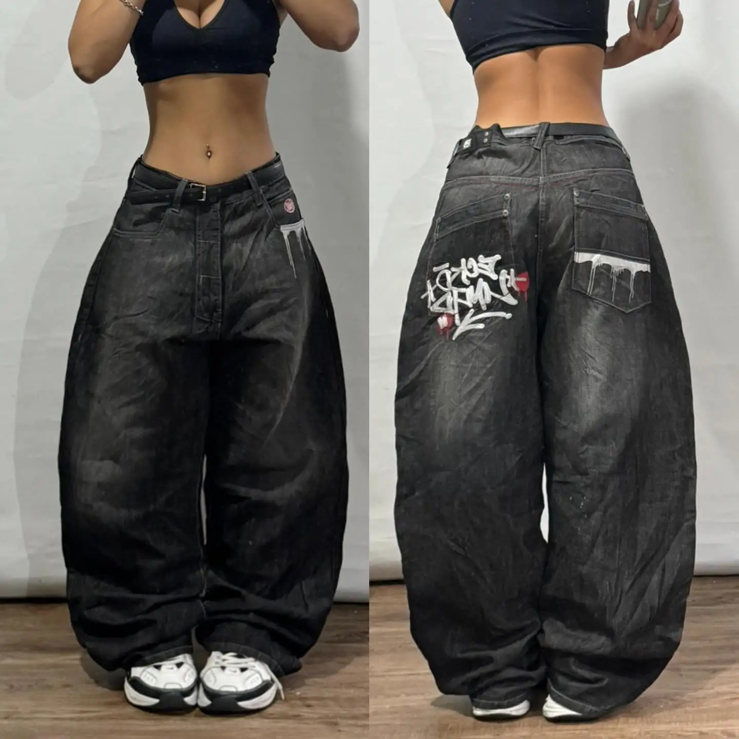 American Retro Skeleton Wing Embroidered Pocket Jeans for Men and Women Y2K Harajuku Hip Hop Gothic Wide Troy Streetwear 240930