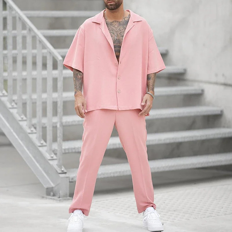 2024 Summer Fashion Two Piece Suits Mens Clothing Casual Short Sleeve Lapel Button Shirt And Pants Set For Men Leisure Outfits 241008
