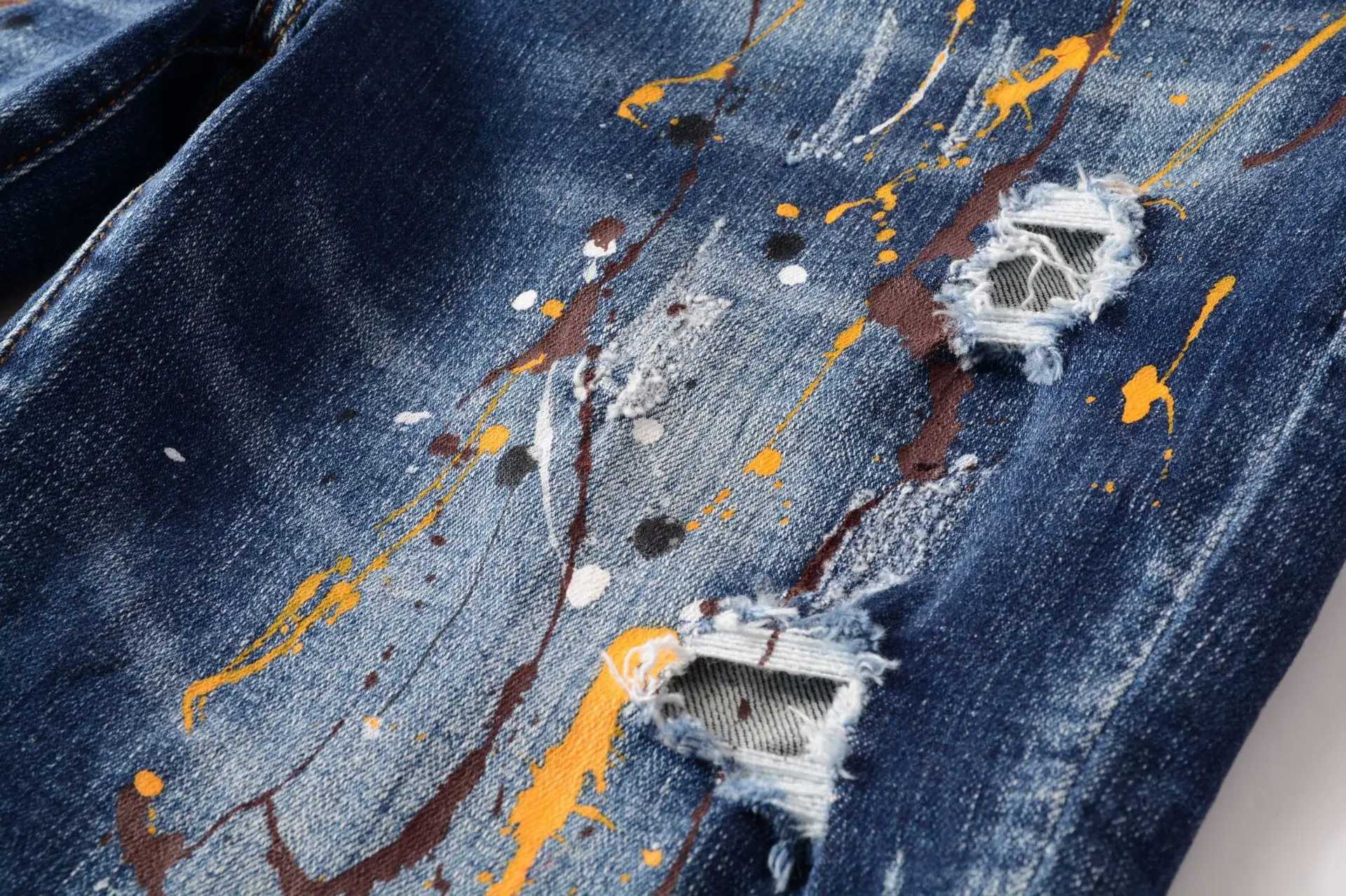 Newly arrived mens slim street blue ripped denim shorts light luxury colorful ink splattered decorative street shorts sexy casual shorts; W241010