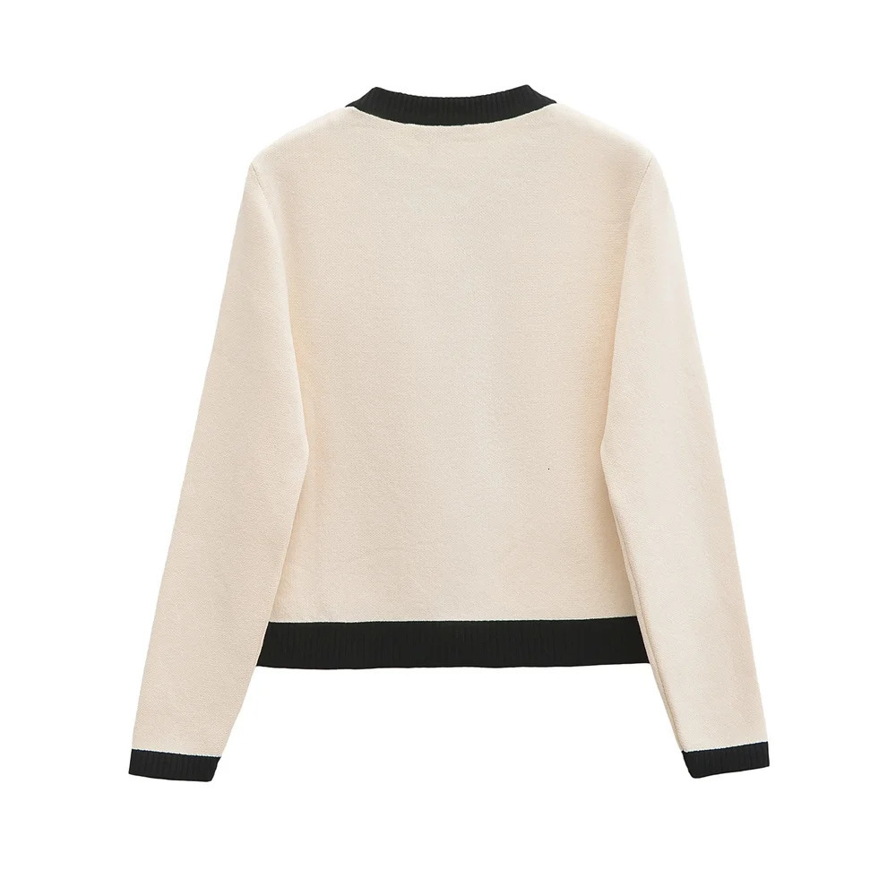 RARF Autumn European and American Breasted Long Sleeve Black White Round Neck Knitted Open Short Jacket 241010