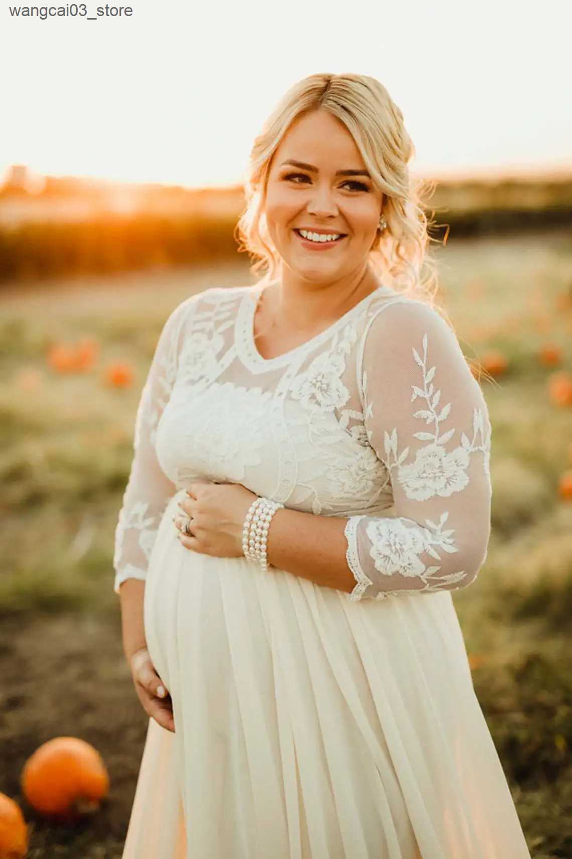 Maternity Dresses Lace Chiffon Maternity Dress Long Sleeve Lace Maternity Blue Photography Dress Party Dresses White Photo Props for Photo Shoot L2409