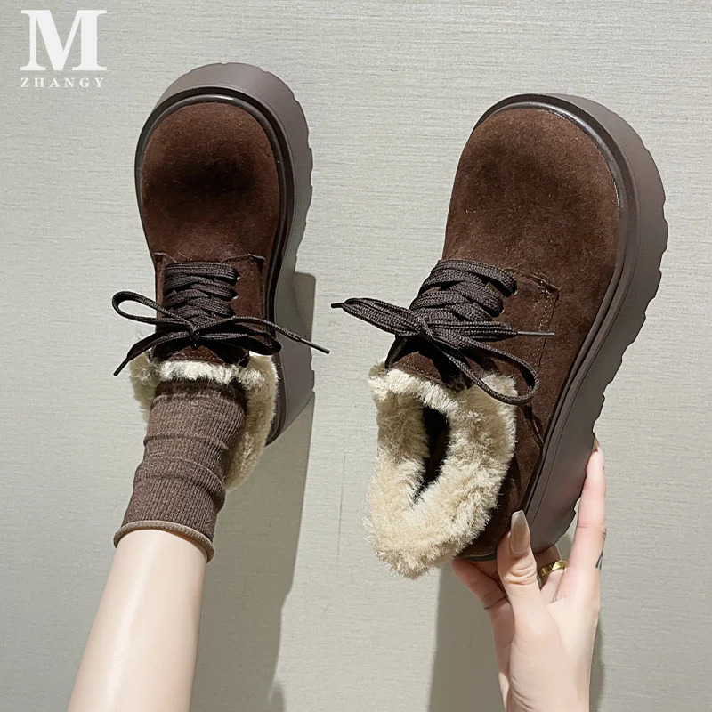 Fur platform womens snow collar boots suede mid boots cotton Mary Jens shoes 2025 trend lace short plush winter Botas De Mujer 241007