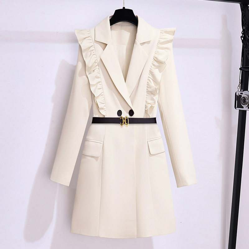 EVNISI Elegant Windbreaker Double Breasted Slim OL Long Trench Coat Ruffles With Belt Women Autumn Winter