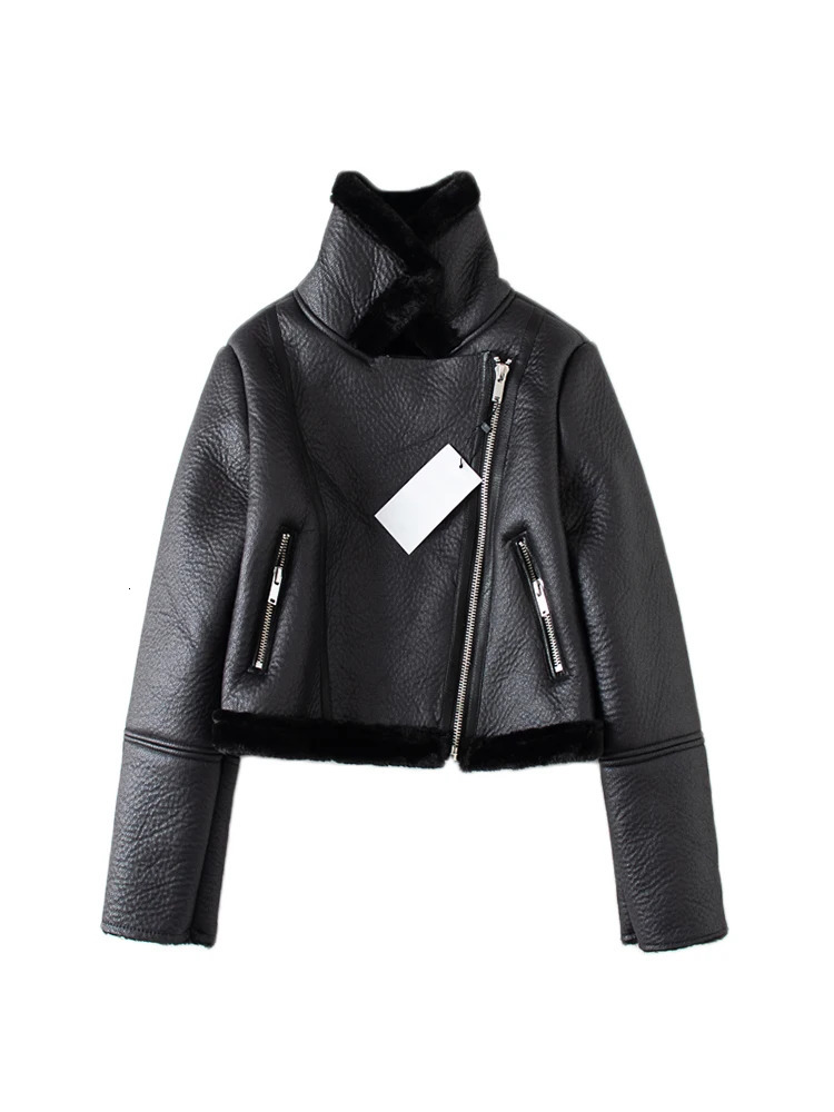 Streetwear Women Thick Warm Faux Leather Fur Short Jacket Autumn Winter Female Zipper Moto Biker Coat Outwear Tops 240930
